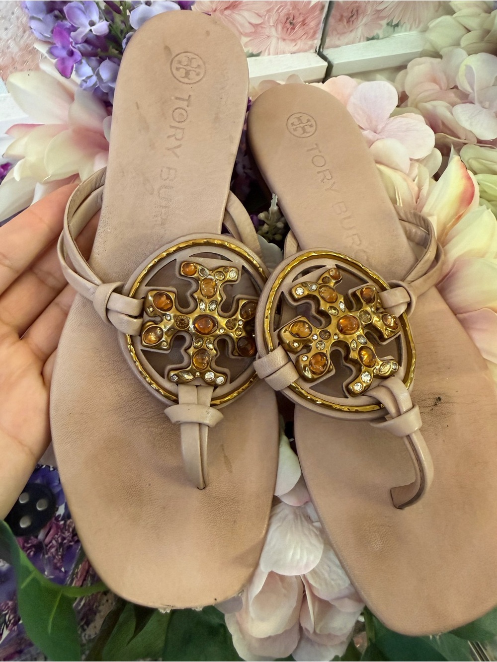 Tory Burch Blush Pink Logo T-Strap Sandals with Gold Accents